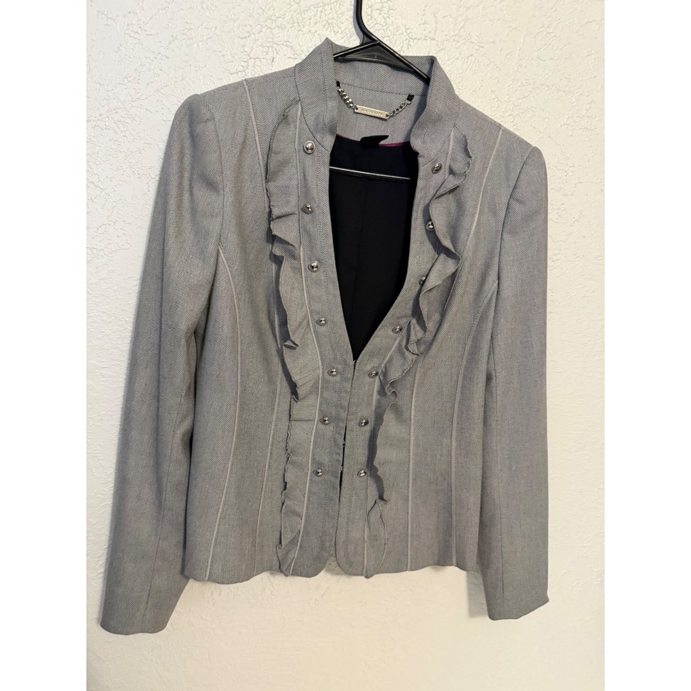 White House Black Market Gray Herringbone Military Ruffle Peplum Blazer 6